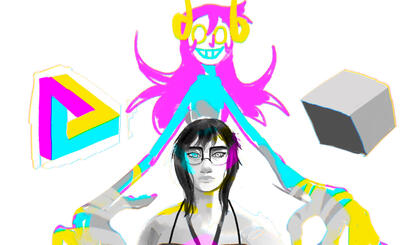 Image of grey skinned individual with dark lipstick, large circular glasses, and a long haircut with messy bangs