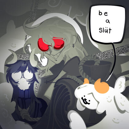 Image of grey skinned individual with dark lipstick, large circular glasses, and a long haircut with messy bangs