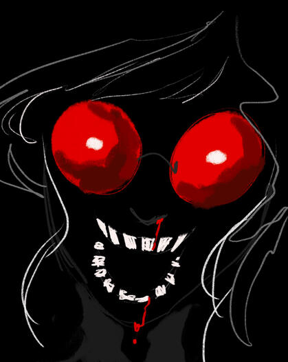 Image of grey skinned individual with dark lipstick, large circular glasses, and a long haircut with messy bangs